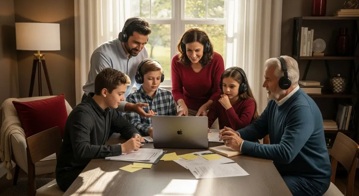 A family gathered around a laptop, watching a webinar together